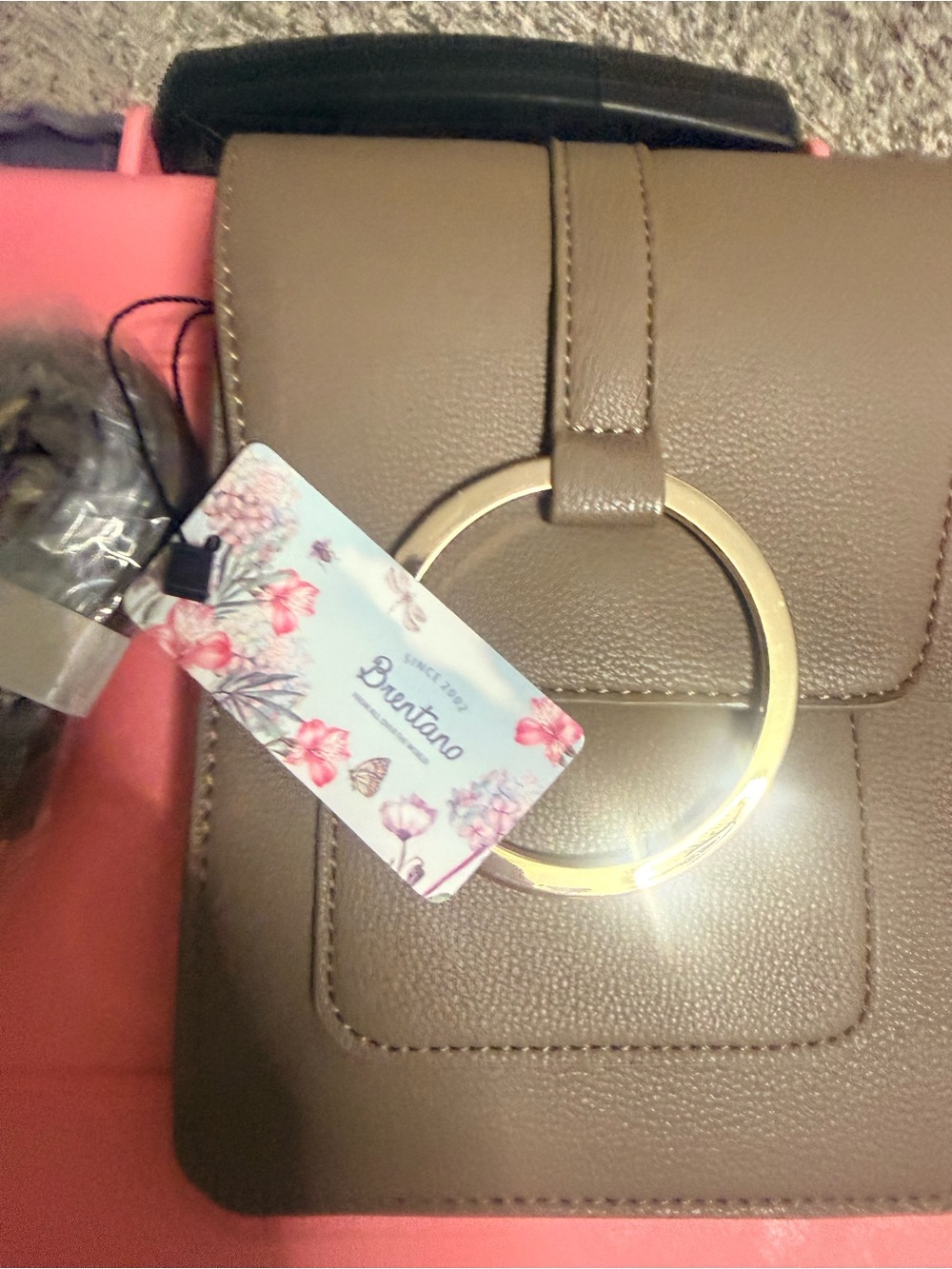 Brentano Taupe Crossbody Bag with Gold Ring Accent